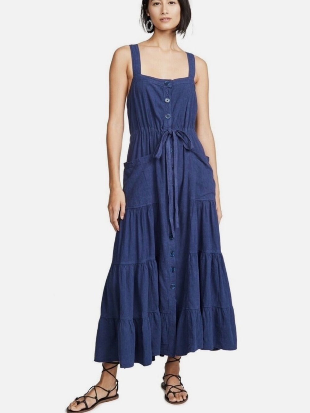 Free People Catch The Breeze Navy Button-Tie Tiered Maxi Dress - Picture 3 of 11